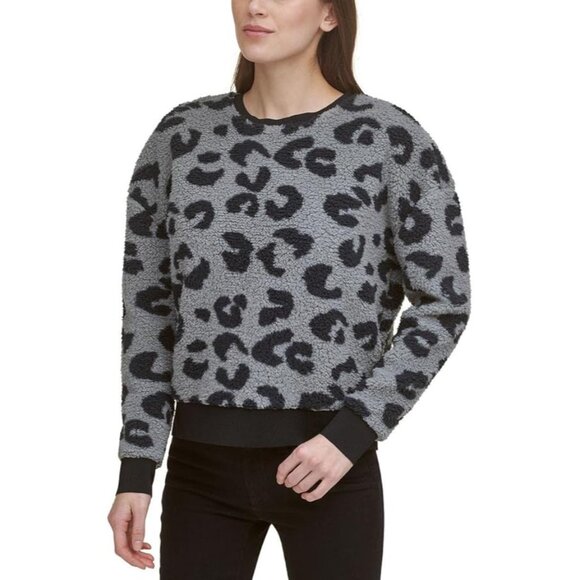 DKNY Womens Pullover Sweater Fleece Cropped Crewneck Animal Print Gray Black XS - Picture 1 of 3